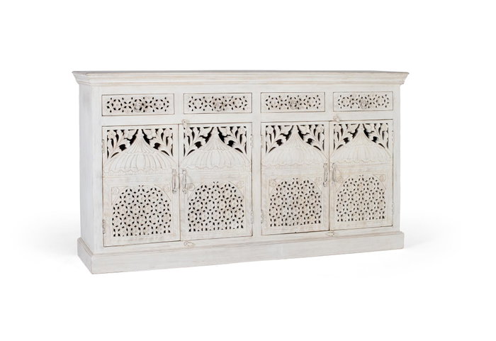 Buffet GINER Y COLOMER en bois de manguier, 4 portes et 4 tiroirs, couleur blanc vieilli - 180x40x90 cm